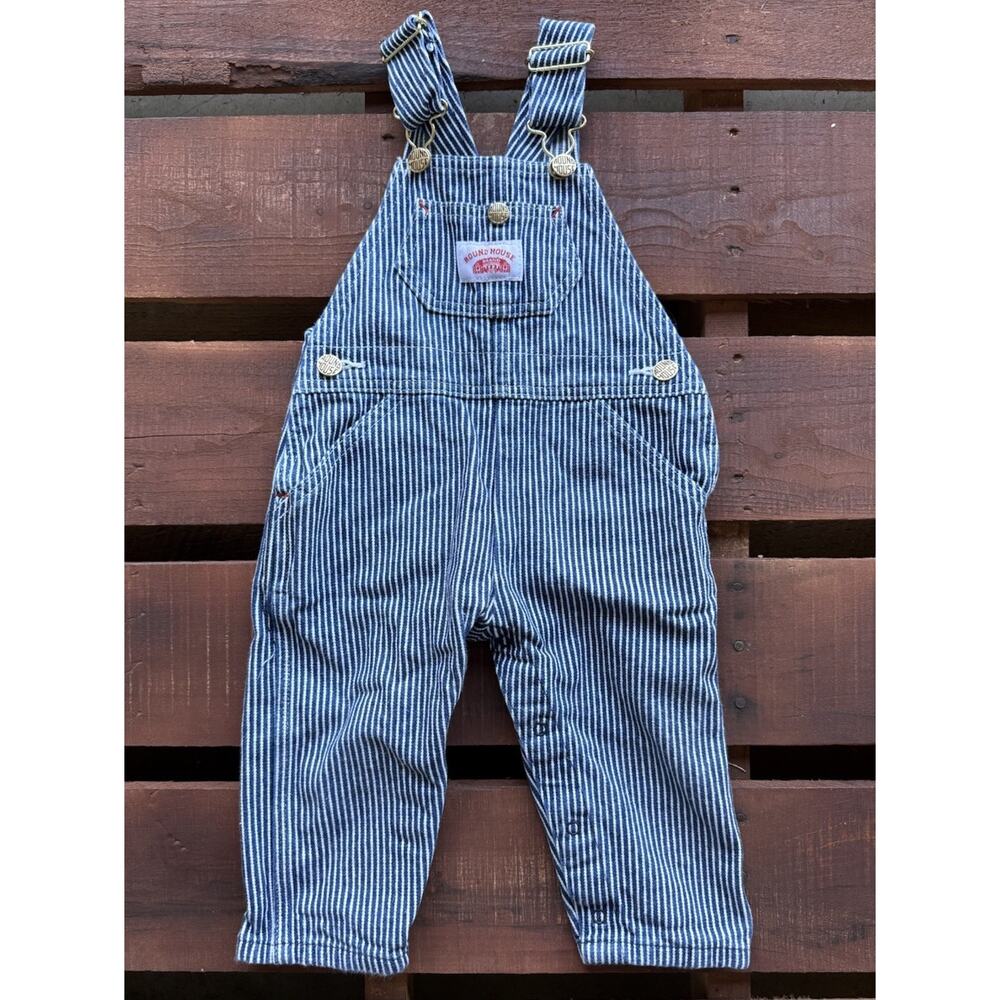 Round House Brand Baby Bib Overalls 24M Hickory Stripe 100% Cotton Brass Hook